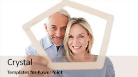  Presentation with frame - Colorful slides enhanced with portrait of happy mature couple looking through frame over white background backdrop and a coral colored foreground