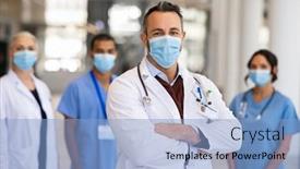  Presentation with medical smiling doctor - Amazing PPT layouts having portrait-of-happy-mature-doctor backdrop and a light blue colored foreground