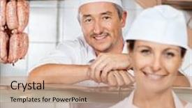  Presentation with butcher - Cool new presentation theme with portrait of happy mature male butcher with female colleague at butchery backdrop and a coral colored foreground