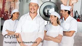  Presentation with butcher - Presentation theme enhanced with portrait of happy mature male butcher with team in butchery background and a lemonade colored foreground
