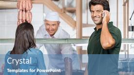  Presentation with butchery - Cool new presentation theme with portrait of happy mature man on call while woman buying meat in butchery backdrop and a teal colored foreground