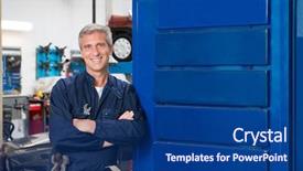  Presentation with mechanic repair - Slide deck with portrait of happy mature mechanic at repair service station blue banners for your text background and a ocean colored foreground