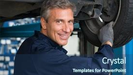  Presentation with mechanic repair - Colorful slides enhanced with portrait of happy mature mechanic backdrop and a ocean colored foreground