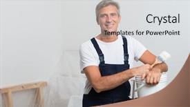  Presentation with paint bucket - Audience pleasing PPT layouts consisting of portrait of happy mature painter backdrop and a light gray colored foreground