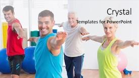  Presentation with women warrior - Colorful theme enhanced with portrait of happy men and women doing warrior pose in yoga class backdrop and a white colored foreground