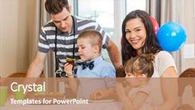  Presentation with happy birthday cake - PPT theme featuring portrait of happy mother with family eating birthday cake at home background and a coral colored foreground