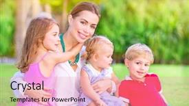  Presentation with babies - Presentation design having portrait of happy mother with cute little babies sitting on fresh green grass field having fun outdoors enjoying parenthood happiness and love concept background and a coral colored foreground