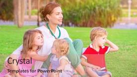  Presentation with love mother - Presentation theme enhanced with portrait of happy mother with cute little babies sitting on fresh green grass field looking away having fun outdoors enjoying parenthood happiness and love concept background and a coral colored foreground