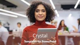  Presentation with using digital tablet - Presentation design having portrait-of-happy-multiethnic-businesswoman background and a red colored foreground