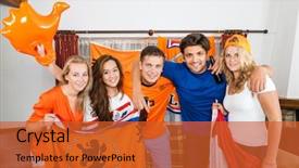  Presentation with soccer fans - Presentation theme featuring portrait of happy multiethnic young dutch soccer fans standing together at home background and a red colored foreground