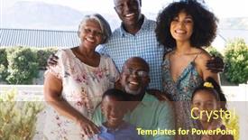  Presentation with happy retirement - Theme enhanced with portrait-of-happy-multiracial-multigeneration background and a tawny brown colored foreground