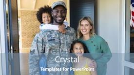  Presentation with military family - Slides featuring portrait-of-happy-multiracial-soldier background and a  colored foreground