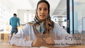  Presentation with business communication - Slide set featuring portrait-of-happy-muslim-biracial background and a coral colored foreground