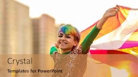  Presentation with non binary - Presentation design featuring portrait-of-happy-non-binary background and a coral colored foreground