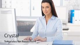  Presentation with desktop - Slide deck with portrait of happy office worker background and a light blue colored foreground