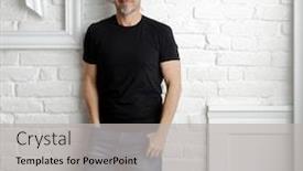  Presentation with clothing - Slide set with portrait of happy older white man in casual clothing and red glasses standing against white wall background and a light gray colored foreground