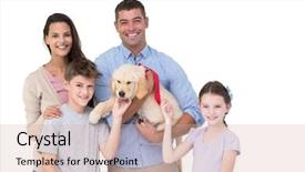  Presentation with parent children - Audience pleasing presentation theme consisting of portrait of happy parent and children with dog over white background backdrop and a soft green colored foreground