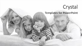  Presentation with children parents - Slides featuring portrait of happy parents and children lying under bed cover background and a white colored foreground