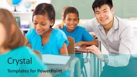  Presentation with helping - Colorful presentation enhanced with portrait of happy primary teacher backdrop and a teal colored foreground