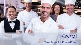  Presentation with restaurant kitchen - Slide deck enhanced with portrait of happy restaurant team background and a sky blue colored foreground