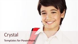  Presentation with education red - Beautiful PPT theme featuring portrait of happy schoolboy beautiful clever brunette teenager isolated on white background nice smart cheerful pupil standing with red knapsack back to school concept of knowledge and education backdrop and a sky blue colored foreground