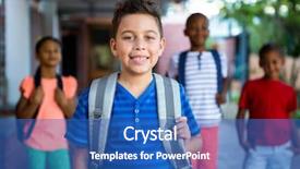  Presentation with classmates - Colorful theme enhanced with portrait of happy schoolboy with classmates in background at school corridor backdrop and a teal colored foreground