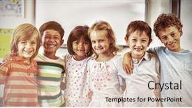  Presentation with portrait happy family smiling - Slide set with portrait of happy schoolchildren standing background and a  colored foreground