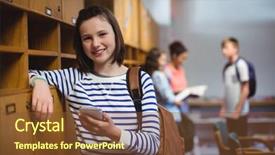  Presentation with locker room - Cool new theme with portrait of happy schoolgirl holding mobile phone in locker room at school backdrop and a tawny brown colored foreground