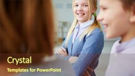  Presentation with classmates - Amazing presentation design having portrait of happy schoolgirl looking at camera with her classmates near backdrop and a tawny brown colored foreground