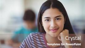  Presentation with classroom - Amazing theme having portrait-of-happy-schoolgirl-sitting backdrop and a coral colored foreground
