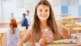  Presentation with school cafeteria - Slides enhanced with portrait-of-happy-schoolgirl and a coral colored foreground