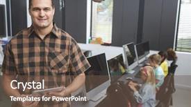  Presentation with school computer labs - Cool new PPT theme with portrait of happy schoolteacher holding backdrop and a tawny brown colored foreground