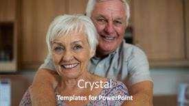  Presentation with senior couple - Slide set with portrait of happy senior couple embracing each other in kitchen at home background and a tawny brown colored foreground