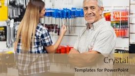  Presentation with hardware - Audience pleasing presentation theme consisting of portrait of happy senior man standing arms crossed with daughter in background at hardware store backdrop and a coral colored foreground