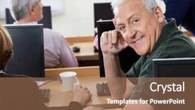  Presentation with 3d man sitting question mark - Amazing PPT layouts having portrait of happy senior man backdrop and a coral colored foreground