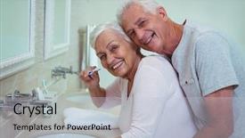  Presentation with wife - Theme having portrait of happy senior man embracing wife brushing in bathroom background and a lemonade colored foreground