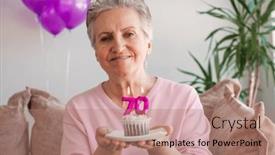  Presentation with happy birthday cake - Slides with portrait-of-happy-senior-woman background and a coral colored foreground