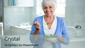  Presentation with salad - Theme consisting of portrait of happy senior woman background and a light gray colored foreground
