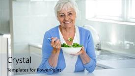  Presentation with salad - Cool new theme with portrait of happy senior woman backdrop and a light blue colored foreground