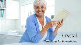  Presentation with happy smiling woman dental health - Cool new slides with portrait of happy senior woman backdrop and a  colored foreground