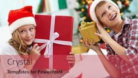  Presentation with siblings - Amazing PPT layouts having portrait of happy siblings holding giftboxes and guessing what is inside on christmas evening backdrop and a red colored foreground