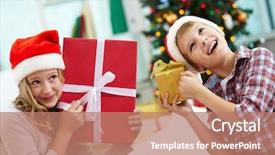 Presentation with siblings - Cool new PPT theme with portrait of happy siblings holding giftboxes and guessing what is inside on christmas evening backdrop and a coral colored foreground