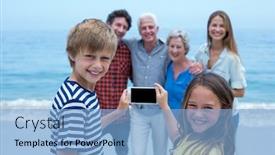 Presentation with siblings - Slides enhanced with portrait of happy siblings photographing family with smartphone at sea shore background and a light blue colored foreground