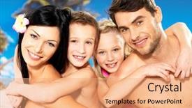  Presentation with portrait happy family smiling - PPT layouts consisting of portrait of happy smiling beautiful family with two children at tropical beach background and a coral colored foreground