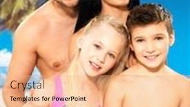  Presentation with portrait happy family smiling - Cool new slides with portrait of happy smiling beautiful family with two children at tropical beach backdrop and a coral colored foreground