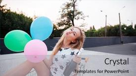  Presentation with shopping trolley - Audience pleasing slides consisting of portrait of happy smiling blonde woman having fun alone in shopping trolley backdrop and a light gray colored foreground
