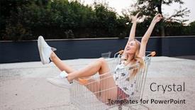  Presentation with shopping trolley - Beautiful PPT layouts featuring portrait of happy smiling blonde woman having fun alone in shopping trolley backdrop and a coral colored foreground