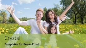  Presentation with portrait happy family smiling - Slide deck having portrait of happy smiling family of parents and girl sitting on grass with dandelion flowers at sunny summer day background and a yellow colored foreground