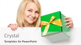  Presentation with signboard - Slide set having portrait of happy smiling young woman showing empty blank signboard with copyspace businesswoman holding gift box and peeping behind blank board isolated on white background background and a white colored foreground