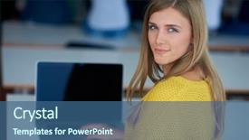  Presentation with tech - PPT theme featuring portrait of happy smilling student girl at tech classroom with laptop computer in background background and a ocean colored foreground